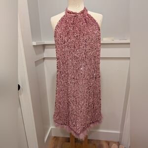 Glamorous Pink Sequin Dress with Feather Trim